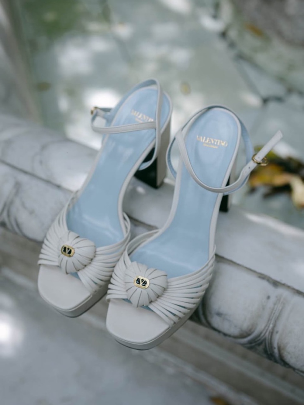 Valentino Cream Leather Knotted Open-Toe Block Heel Sandals